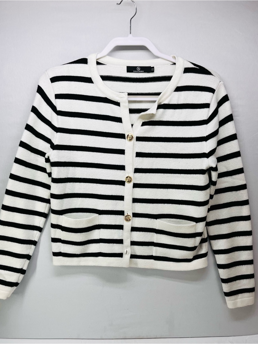 Striped Black & White Button-Front Sweater Cardigan